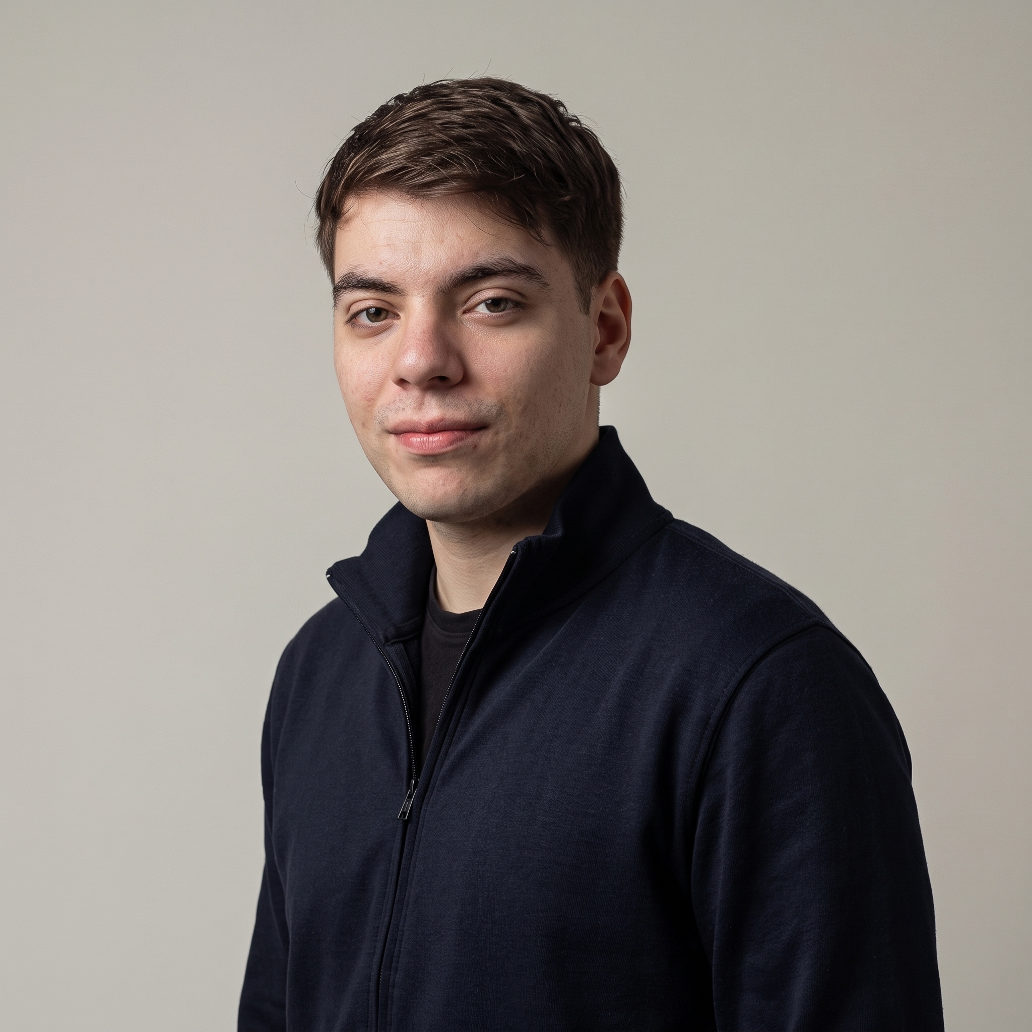 Retrato de Valentín Suarez, creador de valendev, con campera azul oscuro